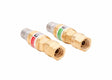 Harris 26-QCR regulator quick connectors, brass oxy-fuel welding accessories, red/green tags, threaded ends, on white background.