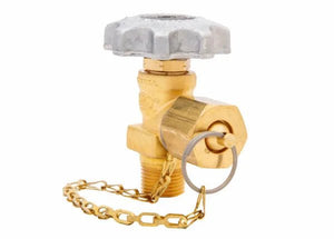 A brass line station valve with a round, gray metal handle, attached chain, and keyring is shown on a white background.