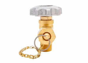 A brass line station valve for gas cylinders, featuring a silver metal handwheel on top and a safety cap attached by a small gold chain, is shown against a white background.