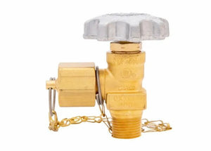A brass line station valve for gas cylinders, featuring a silver-colored round handle, safety cap attached by a chain, and threaded ends for secure connection.