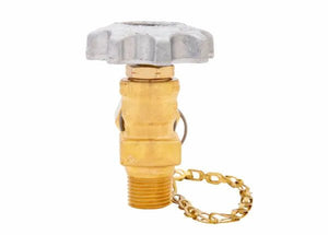 A brass line station valve for a gas cylinder, featuring a large gray ridged metal knob on top and a gold chain attached to its side, is shown against a white background.