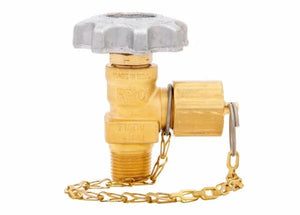 A brass line station valve with a silver metal handwheel, featuring a side outlet capped and secured by a small gold-colored chain. The oxygen station outlet valve is displayed against a white background.