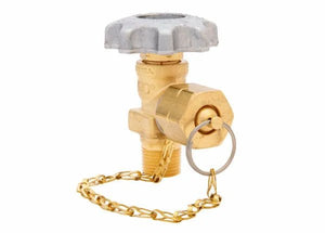 A brass gas cylinder valve with a silver metal knob, hexagonal connector, and gold chain attached to a ring on the side, featuring an integrated reverse flow check valve for added safety.