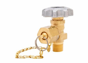 Brass station valve gas cylinder with a gray metal handwheel, attached safety cap, and a small safety chain with a ring. The valve features a reverse flow check valve and is shown on a white background.