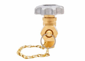A brass station valve with a silver handle, attached to a gold chain and key ring, isolated on a white background.