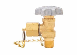 A brass station valve gas cylinder with a gray metallic handle, threaded connector, and a yellow chain attached to a cap on the side, featuring a reverse flow check valve, isolated on a white background.