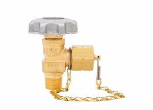 A brass station valve for gas cylinders, featuring a gray, ridged knob on top, a threaded bottom, and a protective cap attached by a small gold chain on the side, isolated on a white background.