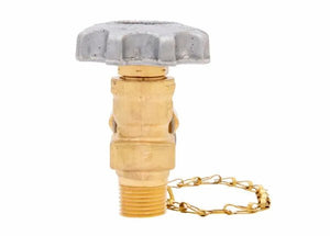 A brass station valve for gas cylinders featuring a silver metal handwheel and a short brass chain at the base. The valve has threaded ends for easy connection, ideal for use as part of an acetylene manifold valve system.