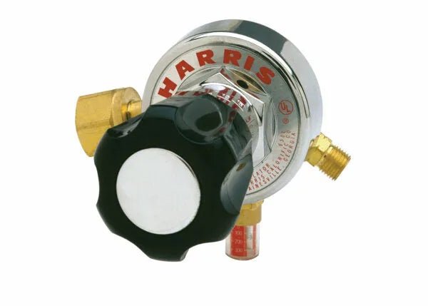 Harris 29-15C-300 Gaugeless Single Stage Acetylene Regulator for welding, with black knob and brass fittings, on white background.