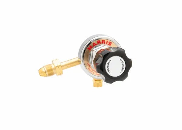 Harris 29-50C-510P single stage LPG propane regulator, brass, black knob, for welding tools, shown on white background.