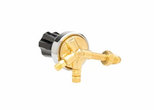 Harris 29-50C-510P Gaugeless Single Stage LPG Propane Regulator for welding, black knob, twin hose connectors, white background.