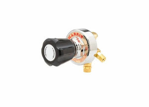 Harris 29-50C-510P Single Stage LPG Propane Regulator for welding, black knob, brass fittings, chrome body, white background.
