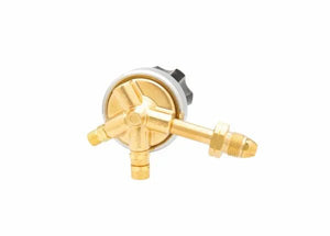 Harris 29-50C-510P Gaugeless Single Stage LPG Propane Regulator for welding, 3 brass ports, black knob, on white background.