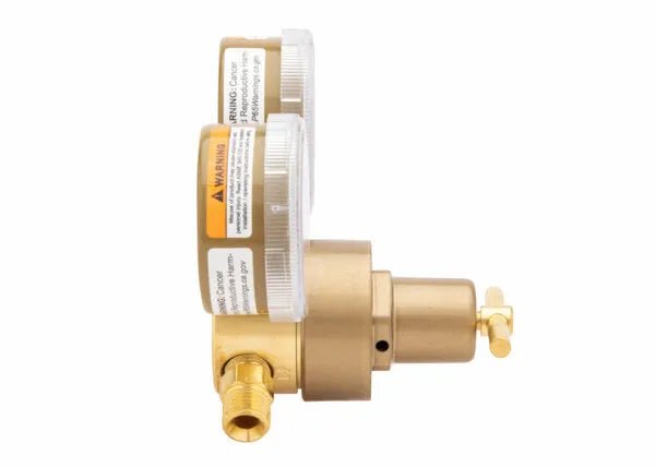 Side view of Harris 301-100-540 Compact Single Stage Oxygen Regulator with dual gauges—welding tool at WeldingMart.