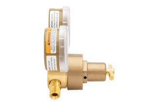 Side view of Harris 301-100-540 Compact Single Stage Oxygen Regulator with dual gauges—welding tool at WeldingMart.