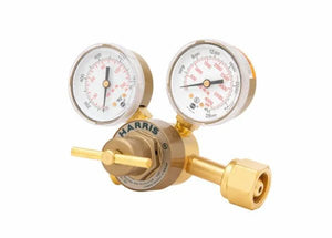 Harris 301-100-540 Compact Oxygen Regulator with gauges and knob for precise welding gas control—ideal welding accessory.