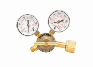Harris 301-100-540 Compact Single Stage Oxygen Regulator with dual gauges, welding tool, shown on white background.