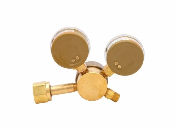 Harris 301-15-200 Acetylene Regulator for welding, brass body, dual gauges, WeldingMart welding tool on white background.