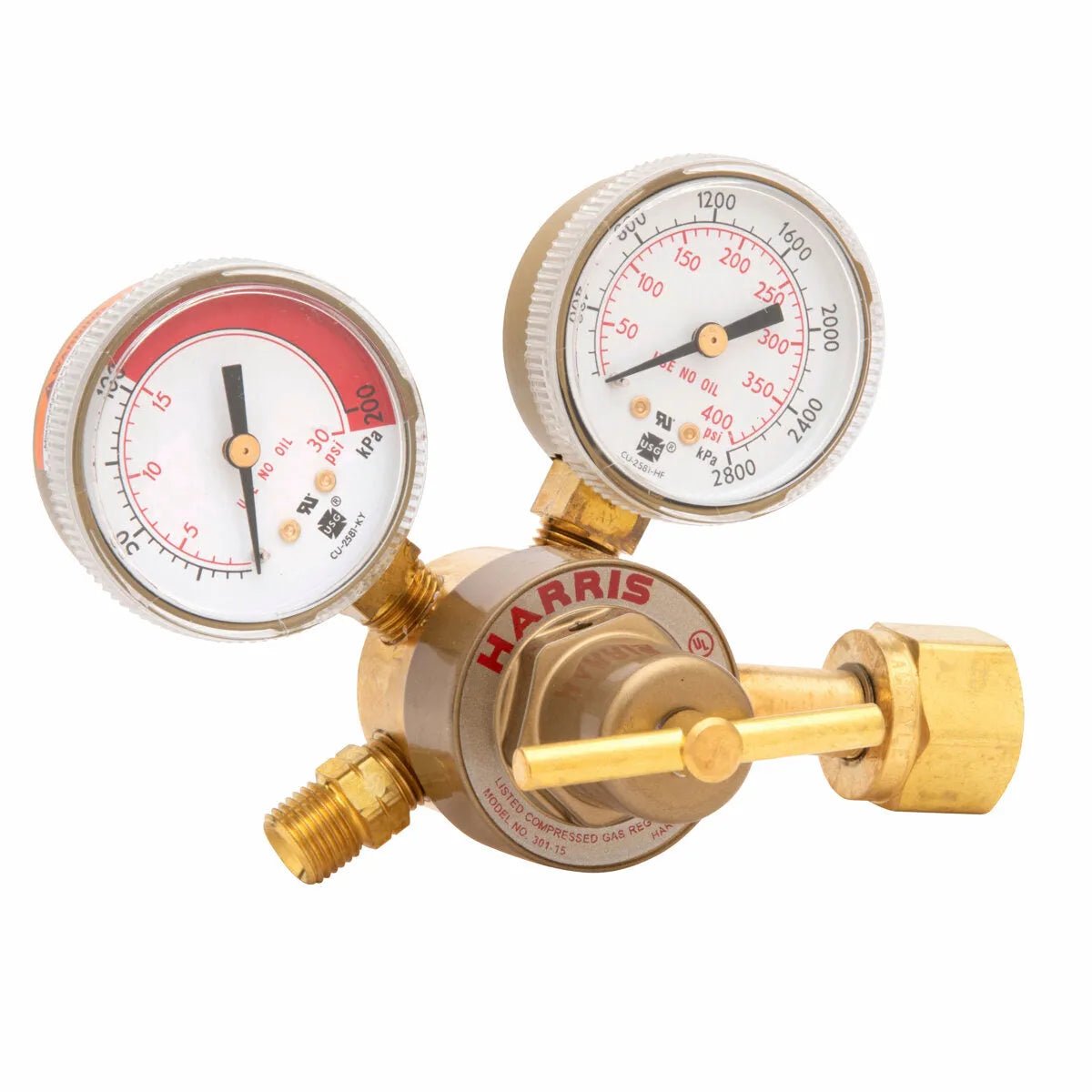 Harris 301-15-300 Compact Acetylene Regulator 3000160 for welding, two gauges, HARRIS label, precise single stage control.