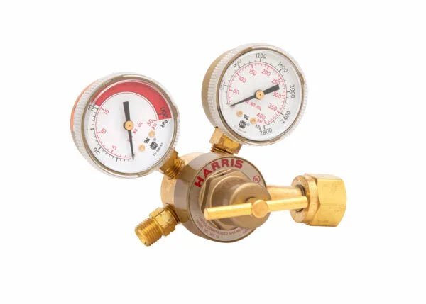 Harris 301-15-510 Single Stage Acetylene Regulator with dual gauges for welding, white/red faces, control knob, HARRIS label.