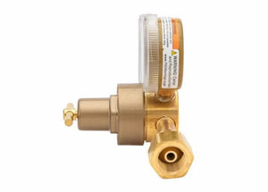 Harris 301-15-510 Single Stage Acetylene Regulator for welding, brass body, top gauge, threaded inlet, side valve on white.
