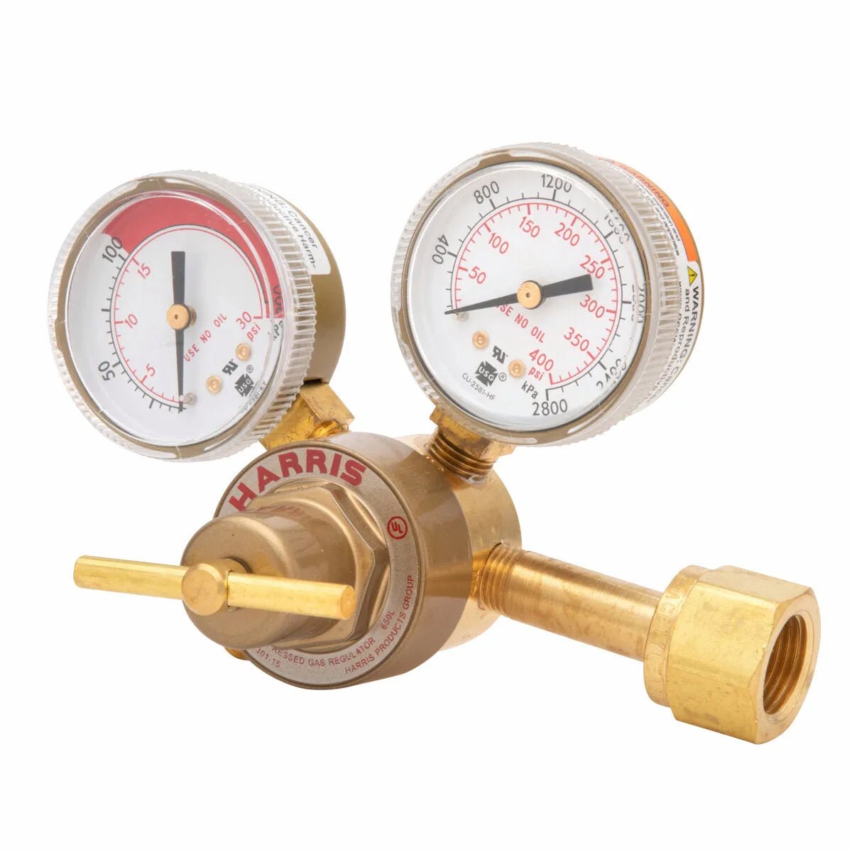 Harris 301-15-520 Single Stage Acetylene Regulator with dual pressure gauges for precise welding gas control, WeldingMart tool.