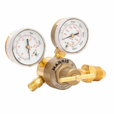 Harris 301-50-510P single-stage welding regulator with dual gauges and control knob for propane, propylene, MPS gas applications.
