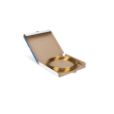 A Harris 30350 Safety-Silv 30 high silver brazing alloy coil (1/16 in., 50 toz.) is neatly placed inside an open cardboard box on a white background, ideal as a cadmium-free brazing filler metal.