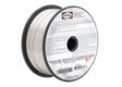 A spool of Harris 308 Stainless Steel MIG GMAW Welding Wire - 0030812 has black rims, metallic wire, and a label with AWS A5.9 info, safety warnings, and product details, marked “113” in red and labeled “Alloy ER 308.”.