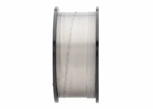 A side view of a Harris 308 Stainless Steel MIG GMAW Welding Wire - 0030812 spool with black circular rims, featuring AWS A5.9 wire neatly wound around the core, displayed against a plain white background.