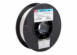 A large black plastic spool holds Harris 308 Stainless Steel MIG Welding Wire (0.025 in, 10 lb, 0030815) with a blue and white label featuring technical specs and a white warning label on the bottom, set against a plain white background.