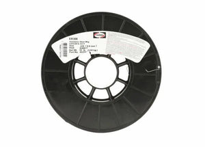 A mostly empty black plastic spool with a white ER308 label displays specs for Harris 308 Stainless Steel MIG (GMAW) Welding Wire, 0.025 in (0.64 mm), 10 lb Spool, SKU 0030815. Only a small amount of wire remains on the spool.