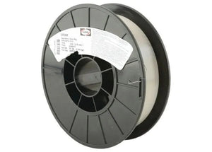 A large black plastic spool holds Harris 308 Stainless Steel MIG (GMAW) Welding Wire, 0.025 in (0.64 mm), 10 lb (0030815). It features reinforced spokes and a white label with text and barcode on one side.