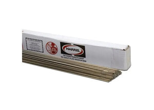 A rectangular white Harris box, labeled “308 Stainless Steel TIG GTAW Welding Rod .045 36in. 10LB Box-0308TH0,” features red and black branding and contains uniform welding rods bundled for precision alloy TIG welding.