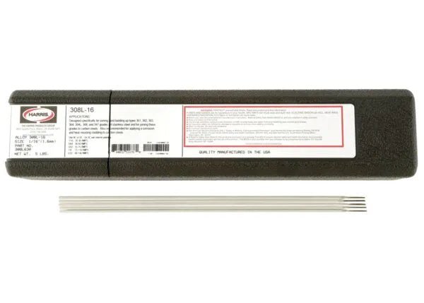 An open black box labeled “Harris 308L 16 Stainless Stick SMAW Welding Rod 1/16 x 12 x 5# Box (308L630)” with a white label and red border displays several silver welding rods on a white background.
