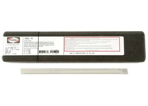 An open black box labeled “Harris 308L 16 Stainless Stick SMAW Welding Rod 1/16 x 12 x 5# Box (308L630)” with a white label and red border displays several silver welding rods on a white background.