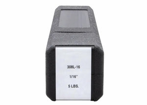 A black rectangular container with a white label displays 308L-16, 1/16, 5 lbs. It holds Harris 308L 16 Stainless Stick SMAW Welding Rods (1/16 x 12, 5 lb box, model 308L630) and is photographed against a white background.