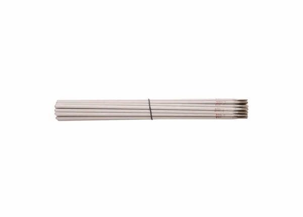 A bundle of Harris 308L 16 Stainless Stick SMAW Welding Rods (3/16 X 14, Box of 10, 308L680) is held together with a thin black wire, ends showing flux coating, all aligned parallel against a plain white background.