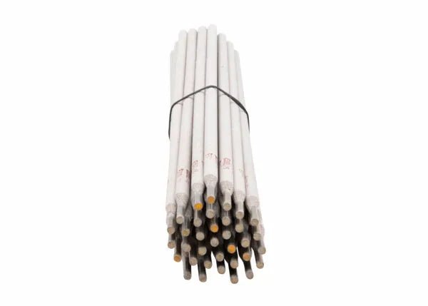 A bundle of Harris 308L 16 Stainless Stick SMAW Welding Rods (3/32 x 12, 10 lb Box, 308L650) is secured with a black rubber band, gray tips facing outward, and color markings visible near the ends on a white background.