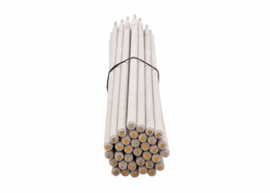 A bundle of Harris 308L 16 Stainless Stick SMAW Welding Rods (5/32 x 14, 10 lb box, model 308L670) is stacked cylindrically and viewed from the ends, resembling sharpened white pencils with orange tips against a white background.