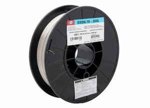 A large black plastic spool holds coiled silver Harris 308L Stainless Steel MIG GMAW Welding Wire - 0308L15. The spool features a blue and white label marked “0308L15 – 308L” along with smaller white product detail and barcode labels.