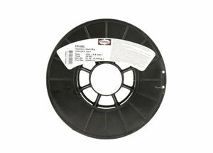 A black plastic spool of Harris 308L Stainless Steel MIG GMAW Welding Wire – 0308L15 shows a white specs label on the upper edge. The stainless wire is neatly wound, all displayed against a white background.