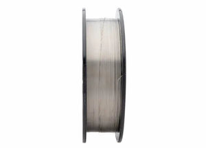 A side view of the Harris 308L Stainless Steel MIG GMAW Welding Wire - 0308L15 spool, showing flat black ends and tightly wound shiny wire on a plain white background, highlighting its detail and quality.