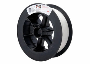A large black plastic spool holds smooth white Harris 308L Stainless Steel MIG Welding Alloy - 0308L18 wire, neatly coiled around a hollow center. A Harris product label is attached to the rim. The background is plain white.
