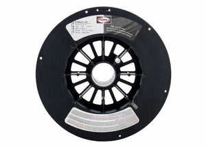 A black plastic spool with spoke-like openings holds Harris 308LT1-1 Dynacore Stainless Flux-Cored FCAW Welding Wire .035 x 25# (308LFCF8). White and red labels with specs are attached, photographed against a white background.