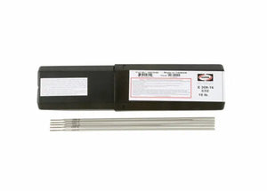 A black rectangular box labeled “E 309-16 .032 10 lb.” with three silver Harris 309 16 Stainless Stick SMAW Welding Rods (1/16 x 10, 5 lb tube) in front. The box has white/red labels and is set against a plain white background.
