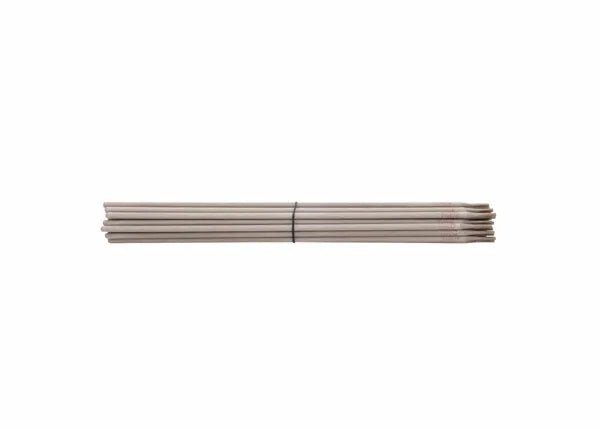 A bundle of six Harris 309 16 Stainless Stick SMAW Welding Rods (1/16 x 10, 5/pk), with slightly bent ends and secured by a black band at the center, is arranged horizontally on a plain white background.