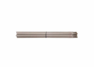 A bundle of six Harris 309 16 Stainless Stick SMAW Welding Rods (1/16 x 10, 5/pk), with slightly bent ends and secured by a black band at the center, is arranged horizontally on a plain white background.