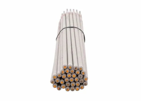 A bundle of gray wooden pencils, reminiscent of Harris 309L 16 Stainless Stick SMAW Welding Rods (1/8 x 14 x 10, model 309L660), is tightly bound by a black rubber band with erasers up and orange cores visible on a white background.
