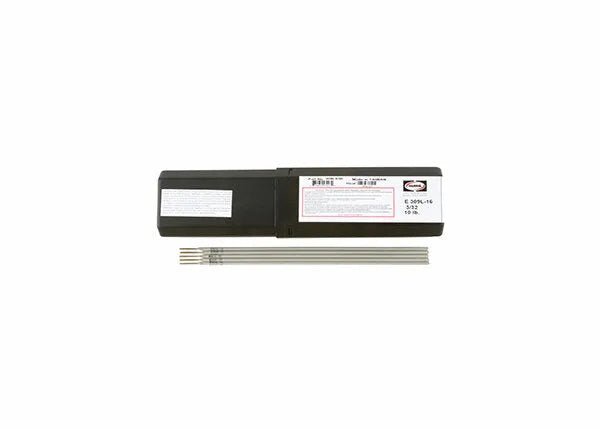 A black rectangular box labeled Harris 309L 16 Stainless Stick SMAW Welding Rod 3/32 X 12 X 10 309L650 holds several silver welding rods, with three rods displayed parallel in front of the box on a white background.